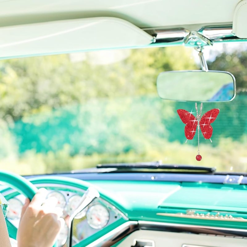 Couslcd Bling Butterfly Diamond Car Accessories, Crystal Car Rear View Mirror Charms for Women, Car Decoration Lucky Hanging Interior Crystal Ornament Pendant Decor for All Cars (Red) - Image 5